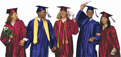 High school graduation gowns and caps and tassels